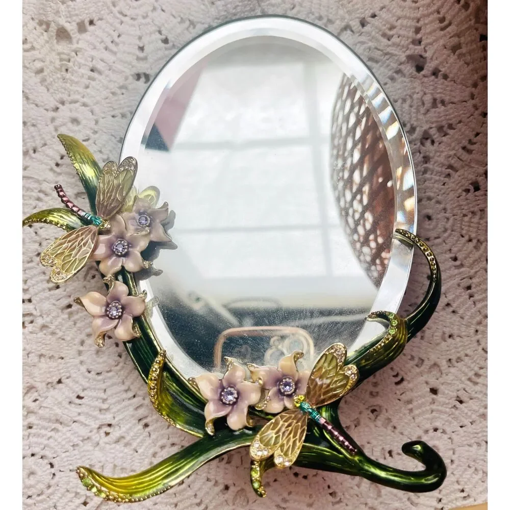 Vtg MCM Dragonfly Mirror Enamel Rhinestone Floral Jewelry Table Top Vanity Decor